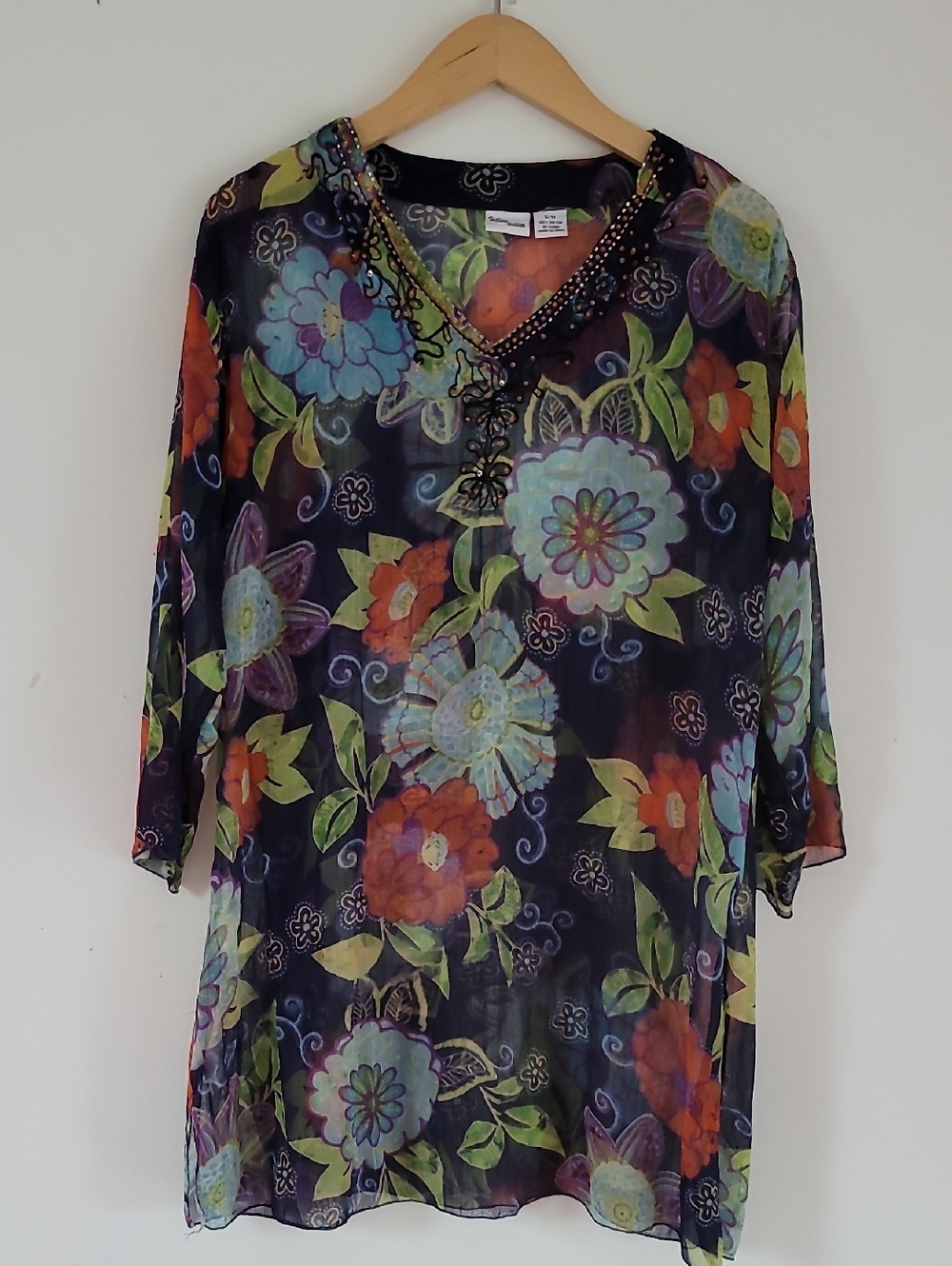 Indian Tropical Fashion Sheer Navy Floral Boho Beach Tunic Dress Size S/M